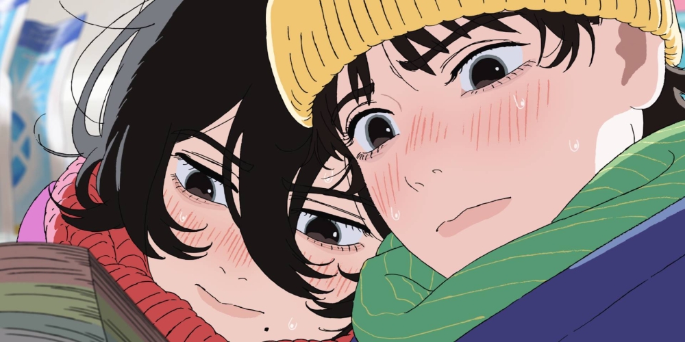 Look Back anime film wins Best Animation Award at Japan Movie Critics Awards — two characters bundled in winter clothes blush and sweat as they read together, capturing a moment of emotional intimacy.